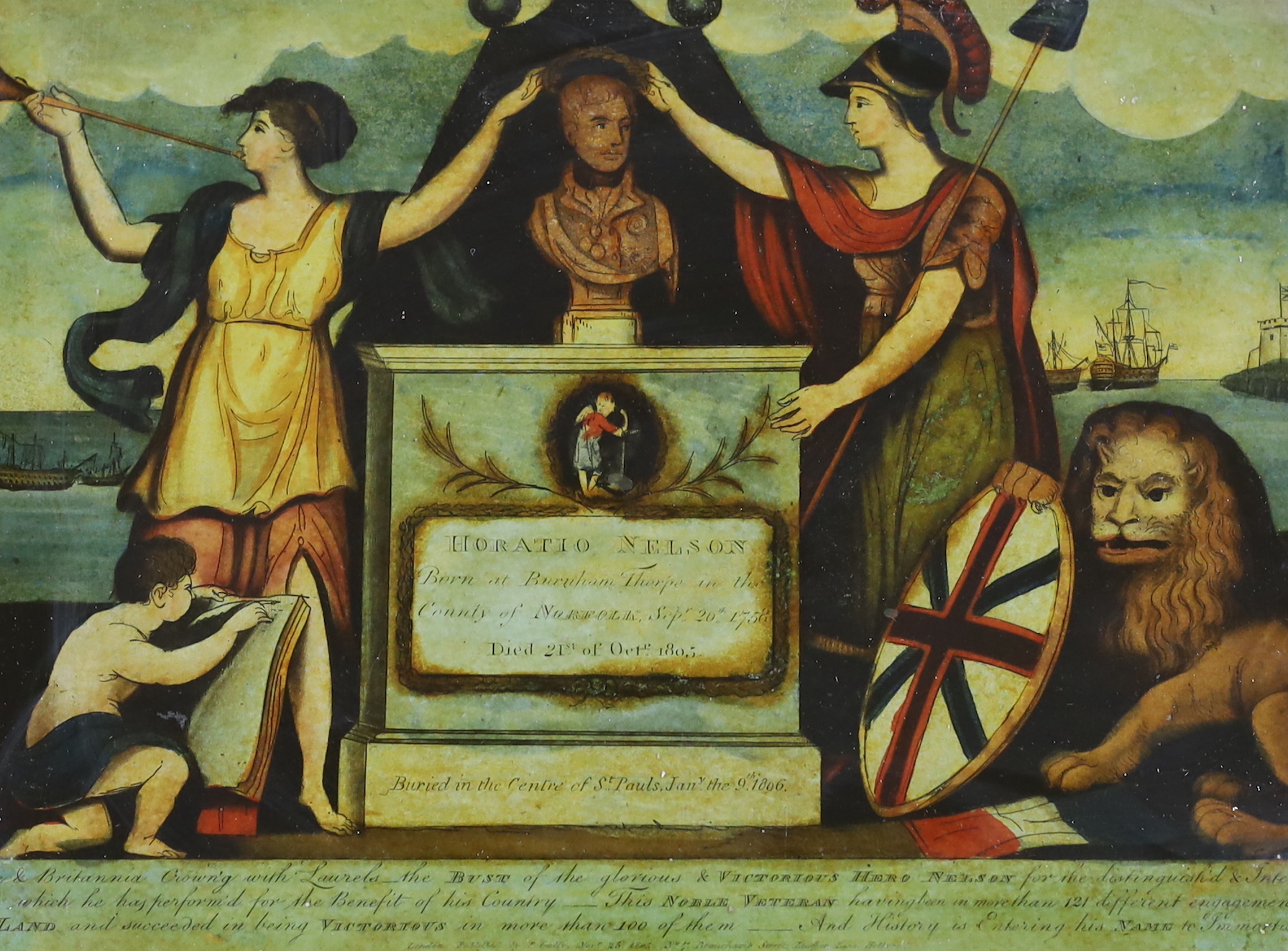 A 19th century commemorative reverse glass print, Lord Nelson Monument, Bust of the Glorious and Victorious Hero, publ. London, P Galte?, November 25th 1805, 25 x 35cm